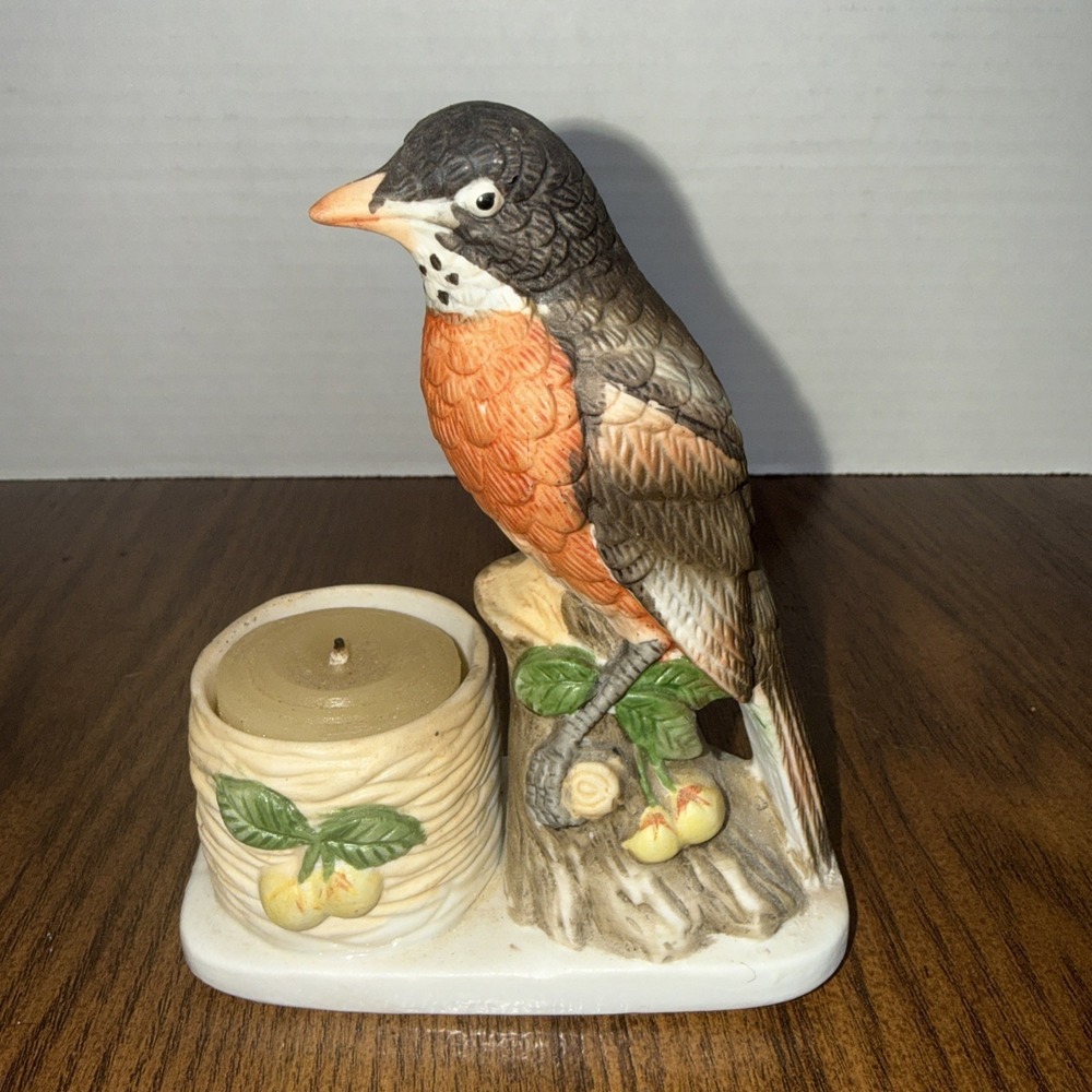 JASCO Luvkin 1979 Songbirds Hand Painted Porcelain Robin Votive Holder‎